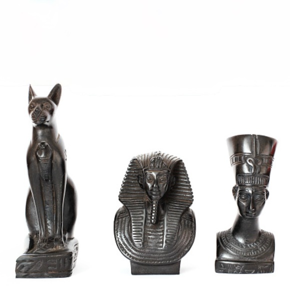Source Unknown Other - Vintage Hand Carved Egyptian Figurines: Cat + Pharaoh + Pharaoh Queen